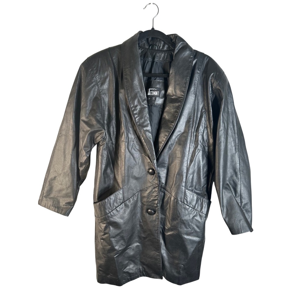 Comint Women's Black Vintage Oversized Leather Trench Coat Size Medium